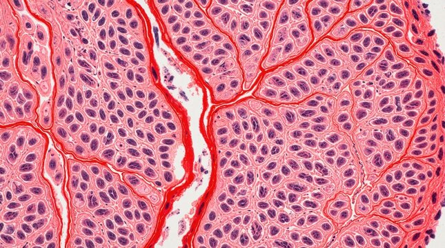 Microscopic view of human kidney tissue showing clear cell renal carcinoma. Cellular structures display cytoplasmic clearing and vascular branching, indicative of cancerous growth.