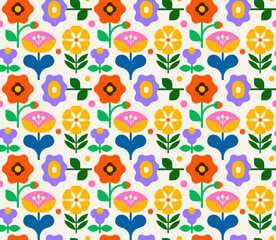 Naklejka premium Geometric floral seamless pattern. Modern folk style flat design with bright colorful flowers. Decorative vector illustration and wallpaper background