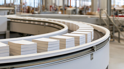 Fototapeta premium Automated book production line in modern printing factory with stacks of softcover novels moving along curved conveyor belt for distribution