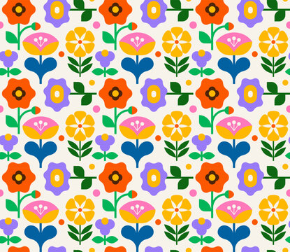 Geometric floral seamless pattern. Modern folk style flat design with bright colorful flowers. Decorative vector illustration and wallpaper background