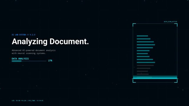 Animated Blue Digital Artificial Intelligence Document Analysis Process UI in Dark Background