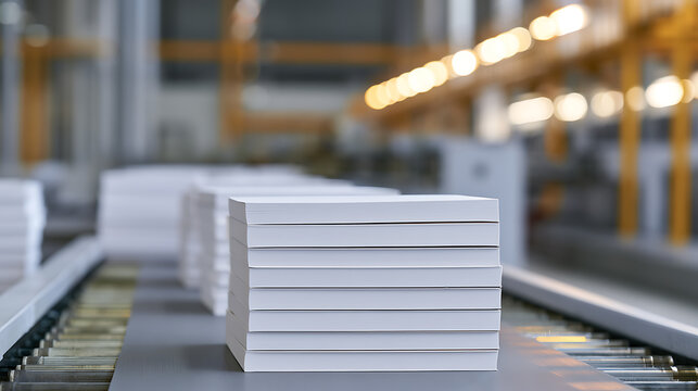 Stacked white book blocks move along a roller conveyor belt inside a modern printing press factory environment with industrial background