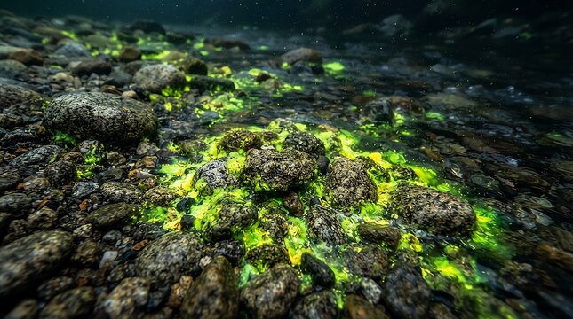 Glowing algae on river rocks underwater showing vibrant green and brown hues for nature backgrounds.