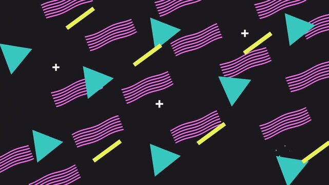 Abstract geometric pattern with dynamic lines, triangles, and crosses moving in rhythmic motion on a dark background.