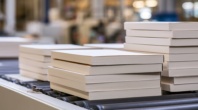 Stacked white blank books move along a conveyor belt in a modern printing factory, showcasing industrial mass production and paper industry