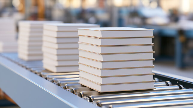 Stacked white books move along a metal roller conveyor line inside a modern publishing print factory with blurred industrial machinery background