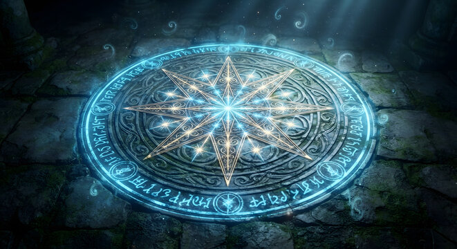 Mystical glowing magic circle on stone floor, ancient arcane ritual symbol with blue light, fantasy sorcery pentagram in dark dungeon