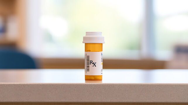 A prescription medication bottle sits on a clean white surface in a bright room, symbolizing healthcare, treatment, and medical care