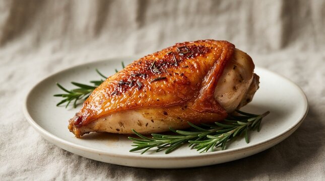 Crispy roasted chicken breast served on white plate with rosemary sprigs. Juicy poultry meat seasoned with herbs sits on neutral linen backdrop. Savory main dish ready for lunch or dinner.