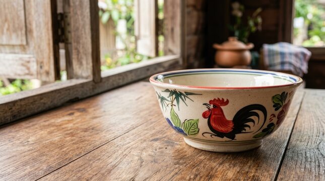 Traditional Thai Rooster Bowl on Teak Table