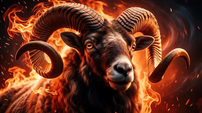 Ram with large horns engulfed in flames. Fiery animal symbolizes power courage and wild spirit. Intense gaze suggests raw energy and untamed nature ready for action.