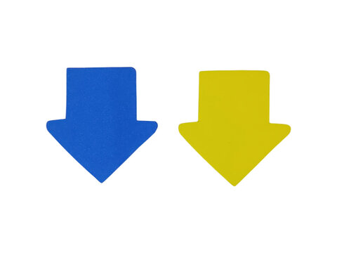 Two downward pointing arrow in bright blue and yellow colors, arranged side by side on a clean white background, for navigation isolated on a transparent background