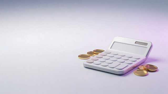 Minimalist calculator with gold coins on light gradient background