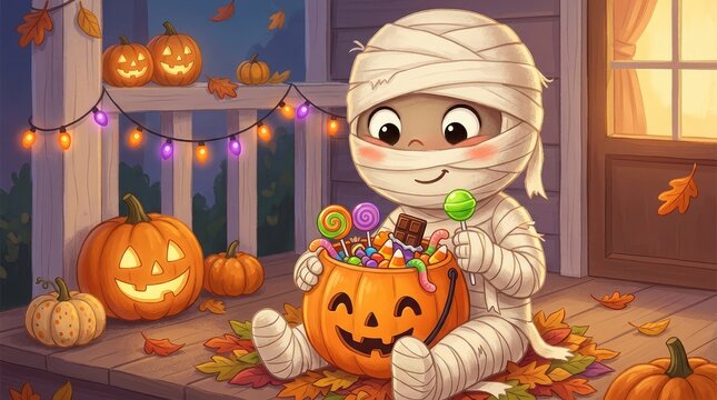 Cute mummy child with pumpkin candy bucket