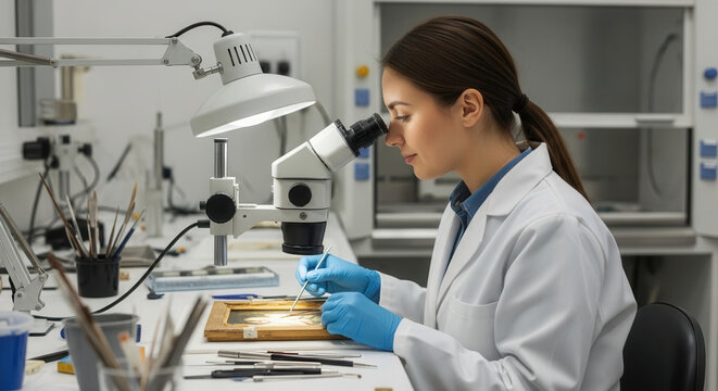 A meticulous scientist in a high-tech laboratory examines a delicate artwork sample under a precision stereo microscope, wearing protective blue gloves and a white lab coat while analyzing fine.