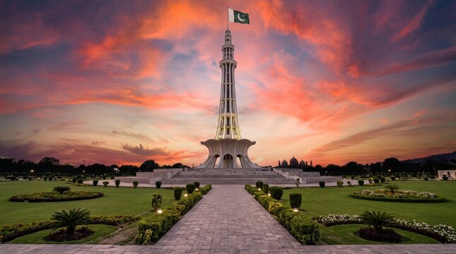 Minar-e-Pakistan Standing Tall in Greater Iqbal Park at Sunset

Majestic View of Minar-e-Pakistan Lahore During Golden Hour

Empty Greater Iqbal Park with Minar-e-Pakistan Under Sunset Sky

Panoramic 