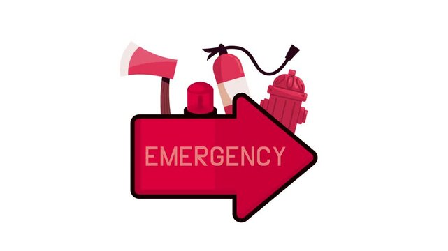 Emergency sign pointing right with an animation of a fire extinguisher, axe, and hydrant appearing around it.