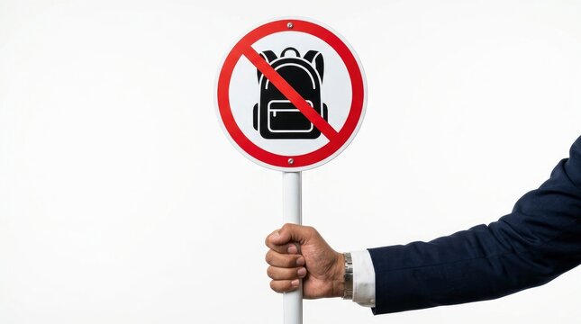 Hand in business suit holding a no backpack prohibition sign