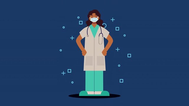Female doctor with medical mask standing confident animation with dynamic background elements on blue background.