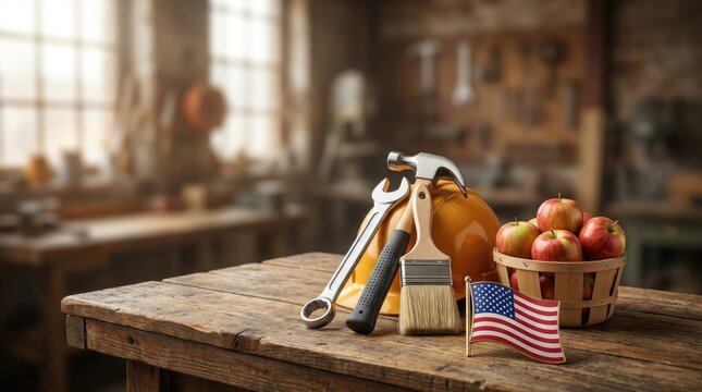 September labor tribute: USA flag, work day, date 7, yellow helmet, steel wrench, iron hammer, paint brush, apple basket, wooden table, carpenter workshop.
