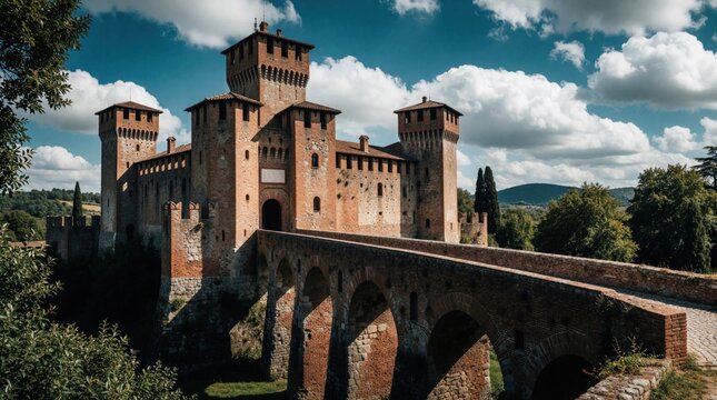 Majestic medieval castle with high towers, ramparts, accessed via long arched stone bridge. Imposing brick fortress stands against dramatic sky with white clouds, surrounded by green hills, trees.