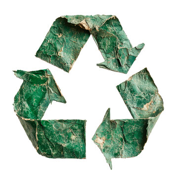 Close-up of a torn, textured green paper recycling symbol formed from three arrows, a handmade eco emblem on a white background representing sustainability, reuse and circularity.