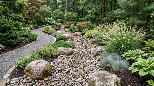 A decorative dry creek bed made of smooth river pebbles and large rounded boulders, surrounded by ornamental fountain grass, blue fescue, hostas, and dwarf conifers, curved gravel garden path