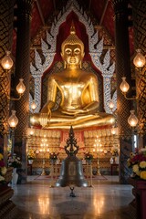 Obraz premium Golden Buddha statue sits serenely in ornately decorated Thai temple. Intricate details and ambient lighting create a peaceful, spiritual atmosphere. A large bell rests in foreground.