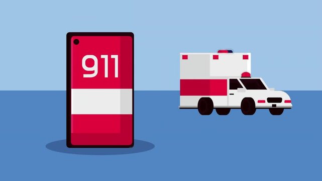 Dynamic animation of mobile phone with 911 emergency number and ambulance driving by in motion.