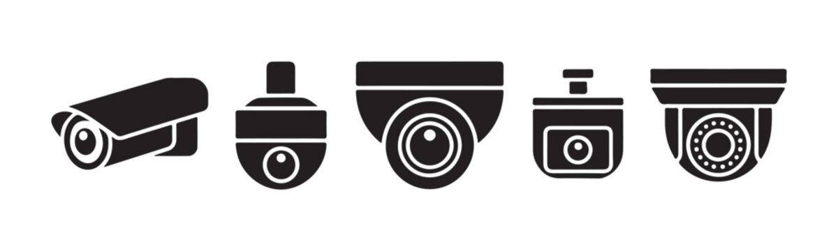 Security camera and surveillance system black icons for commercial property protection and safety monitoring.