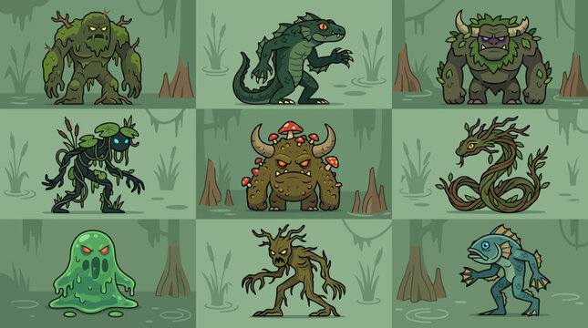 Fantasy swamp monster character collection for game design and art