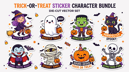 Fototapeta premium Cute Halloween Trick-or-Treat Sticker Characters for Kids and Celebrations