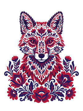 Symmetrical Slavic Wycinanki Red Fox Head Portrait Flourishing Amidst Blooming Peony Petals And Ornate Indigo Foliage Garland Celebrating Sacred Woodland Creature Folklore
