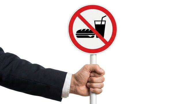 Hand in suit sleeve holding a no food or drink sign