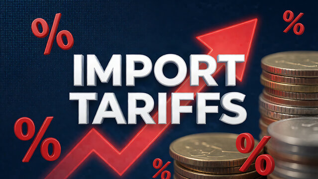 Bold graphic design showing import tariffs increase with coins and percentage symbols