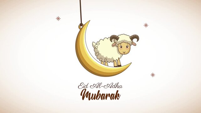 Animated greeting card for Eid al Adha featuring cute sheep standing on golden crescent moon against light background.