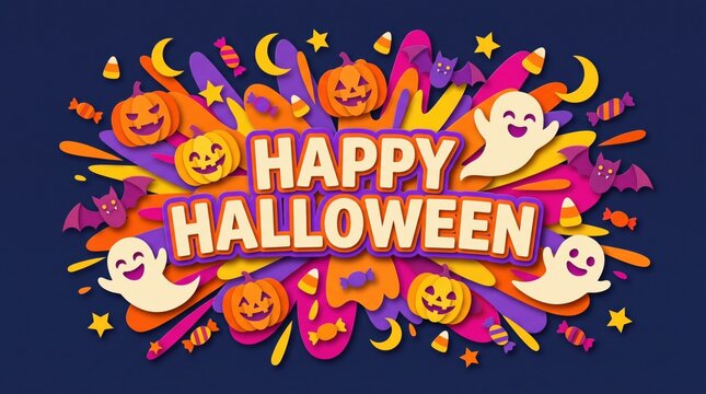 A vibrant and festive happy halloween background in a charming paper cut style, featuring cheerful pumpkins, spooky ghosts, and bats on a dark blue backdrop.
