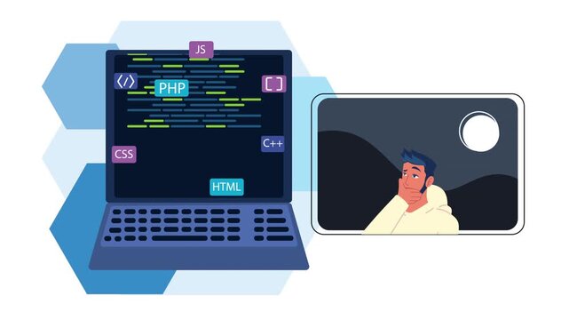 Dynamic animation of coding on laptop with programming languages and thoughtful person.