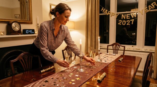 Future holiday design: prepare dinner, look forward, joyful anticipation, Happy New, Year 2027, elegant hostess, candlelit evening, sparkling glass, golden confetti, wooden table, decorate room.