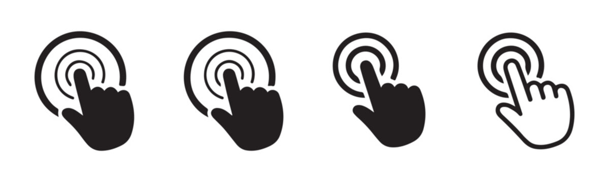 Set of hand click cursor icons with concentric circles indicating touch points in flat black and outline style.