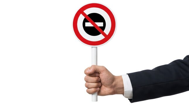 Hand in business suit holding a circular no entry sign isolated on white