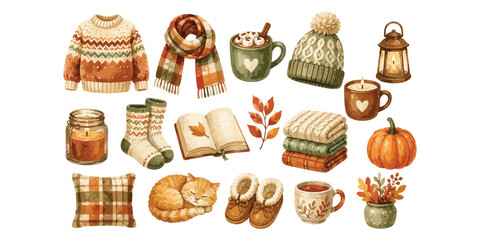 Naklejka premium Watercolor cozy autumn vibes set with knitted sweater scarf hot chocolate book pumpkin isolated on white background
