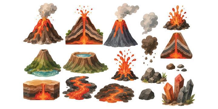 Watercolor volcano eruption set with hot lava magmatic flows smoke and rocks isolated on white background