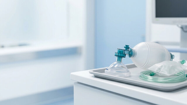 Bag Valve Mask and Emergency Ventilation Equipment on Medical Cart in Modern Hospital