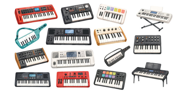 Watercolor electric keyboards synthesizers and keytars collection isolated on white background
