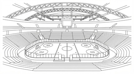 Obraz premium Ice hockey stadium coloring page with hanging lighting rig line art vector outline