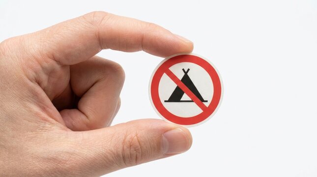 Hand holding a circular no camping prohibition sign on white background