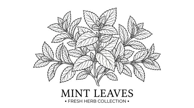 Very beautiful black and white realistic vector illustration of hand-drawn mint leaves with serrated edges and dense botanical foliage, MINT LEAVES &bull; FRESH HERB COLLECTION, isolated on white backgroun