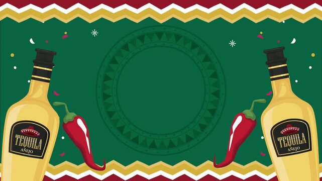 Dynamic Mexican theme background with tequila bottles and chili peppers, festive animated motion.