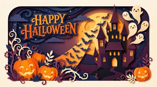 A festive happy halloween background in paper cut style, featuring a haunted castle, glowing pumpkins, flying bats, and ghosts under a full moon.